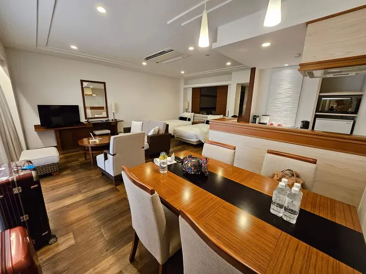 房間內有沙發區、小廚房、內外房間、兩個衣櫃及乾濕分離的浴室