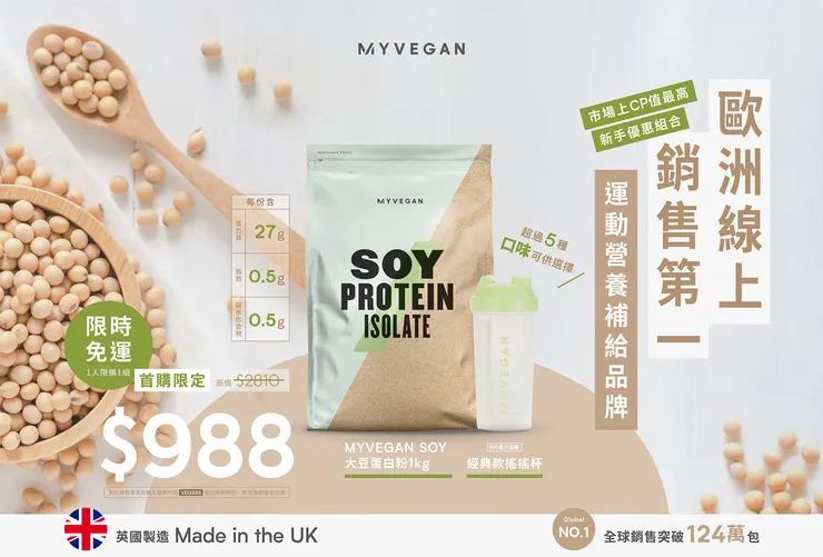 【新客首購】MYVEGAN SOY 大豆蛋白粉1kg+經典款搖搖杯，限時免運只要 988 元