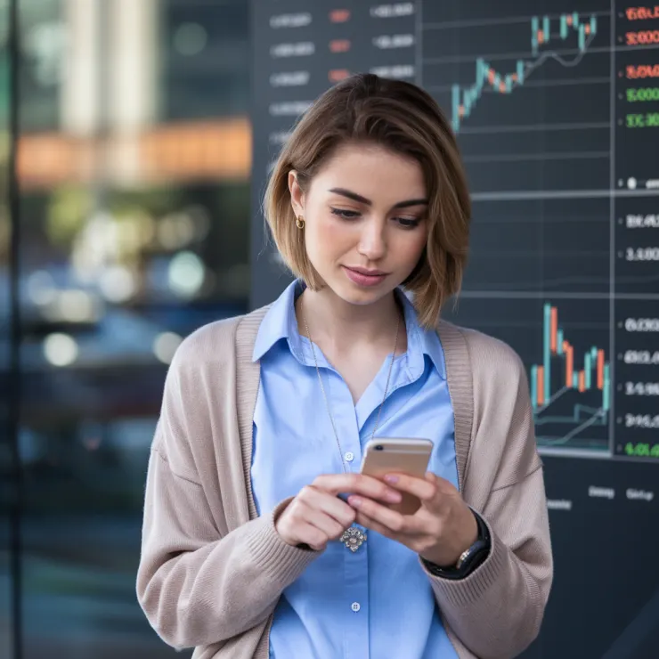 A photo of a young American woman with short brown hair. She is wearing a blue shirt, a beige cardigan, and a necklace. She is holding a smartphone and is standing in front of a wall with stock market graphs. The background is blurred, showing a cityscape.