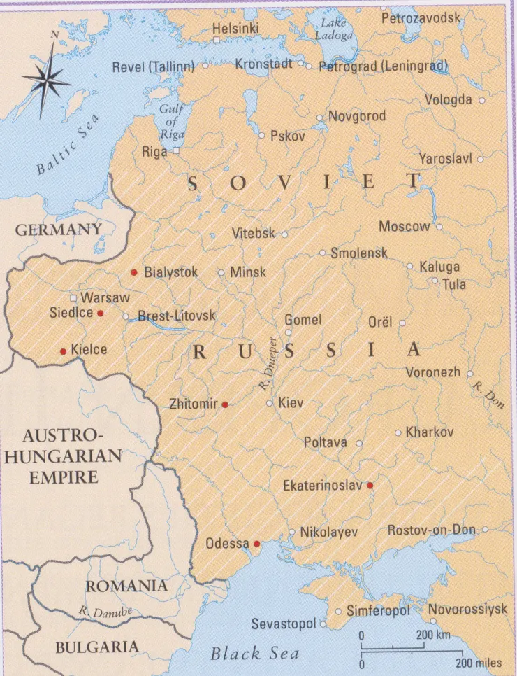 圖二:斜線區域:19世紀時期猶太人的「柵欄居住地」 有紅點的城市:曾發生最反猶的暴力事件。圖片來源:The Historical Atlas of Judaism/Chartwell Books, Inc.