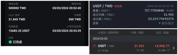 Rybit 買進紀錄(左) vs BitoPro賣出紀錄+MAX賣出紀錄(右)