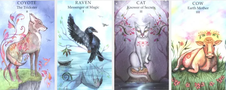 由左至右為土狼(愚者)-烏鴉(魔術師)-貓(女祭司)-皇后(乳牛)