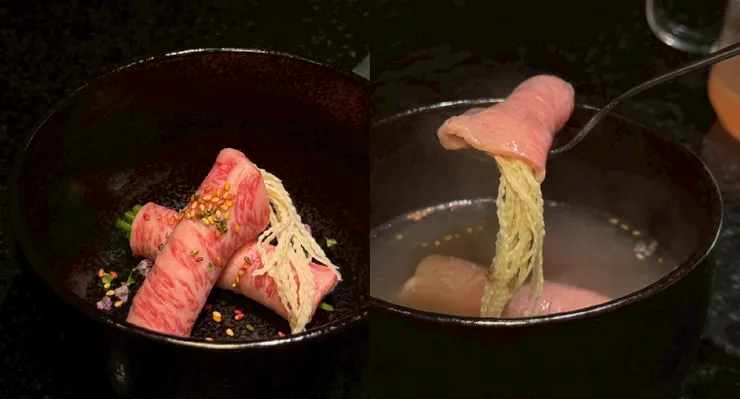 湯品是粉色的牛尾湯搭配水蓮、檳榔花