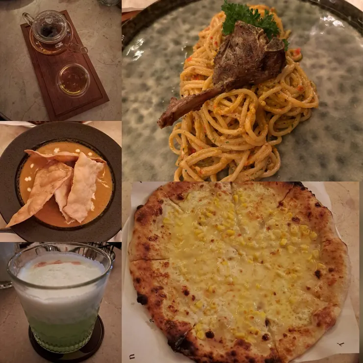 餐點照片- 右上 Tongseng Spaghetti，右下 Jasuke Pizza。