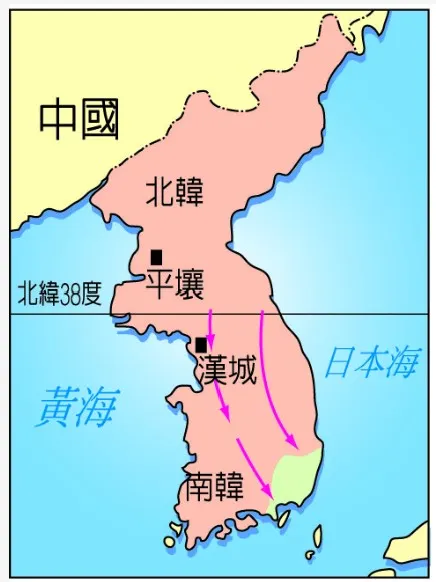 韓戰初期,北韓軍隊一路攻擊至洛東江〈圖:翰林雲端學院〉