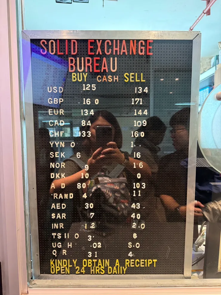 1美元USD = 肯亞先令125KES，匯率告示牌(2024/8/3)，NBO機場旁停車場一樓