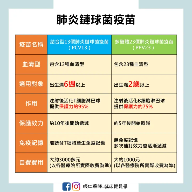 13價與23價  肺炎鏈球菌疫苗比較 