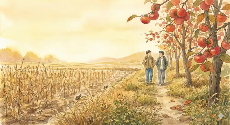 深秋路上，走在蟋蟀蹦跳的田間