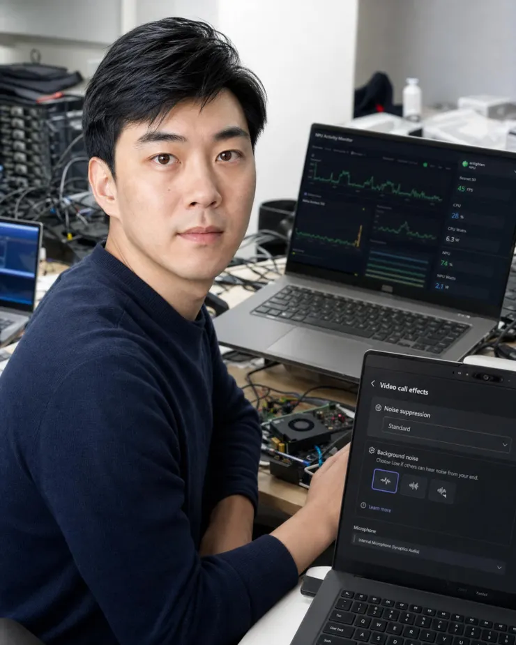 梁练伟测试 AI PC NPU 与视频会议降噪功能