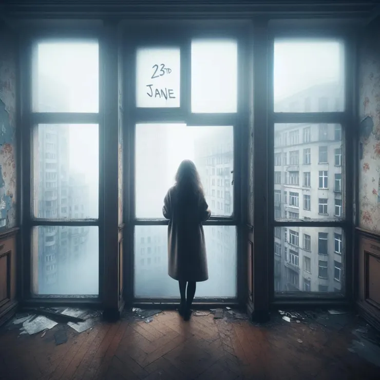 In the midst of a misty cityscape, an urban woman stands by a large window on the 23rd floor of an old building.