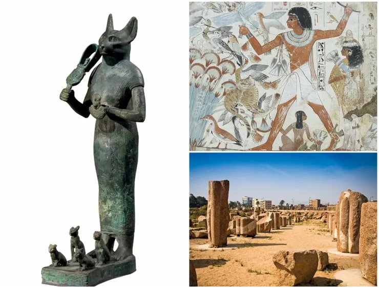 左側為腳邊有四隻幼貓的芭斯特女神銅像，象徵著溫柔的母性與生育；右上為古埃及壁畫描繪狩獵鳥禽的貓咪；右下為芭斯特聖城--巴布提斯的遺址。 🔗圖片來源： ➡️左側+右下：National Geographic官網 ➡️右上：British museum官網