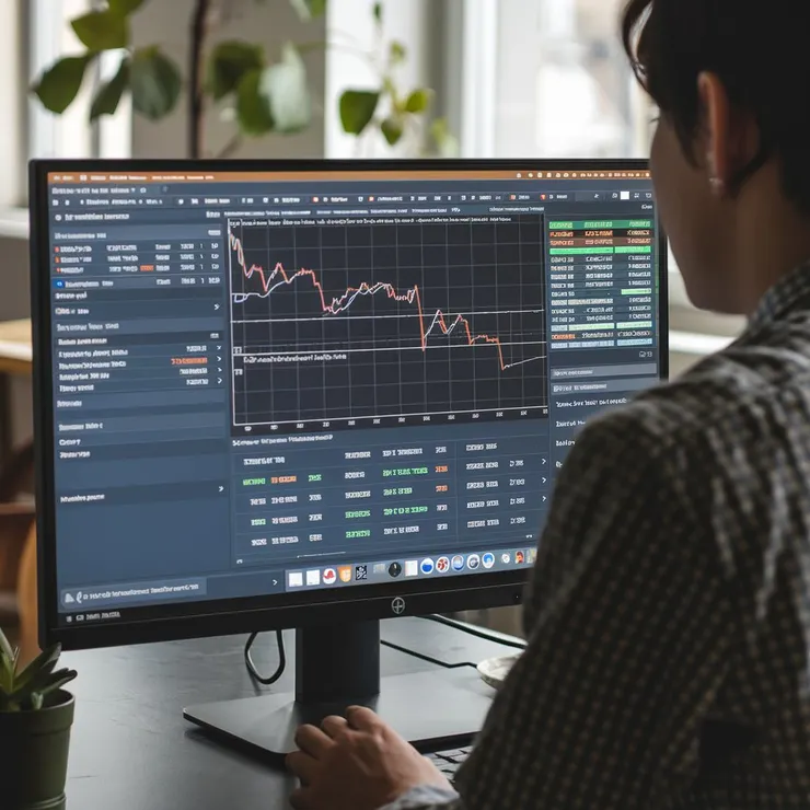 A photo of a person looking at a computer screen with multiple tabs open. There's a stock market chart with a downward trend. The person is sitting in a well-lit room with a desk and a chair. The background contains a potted plant and a window.