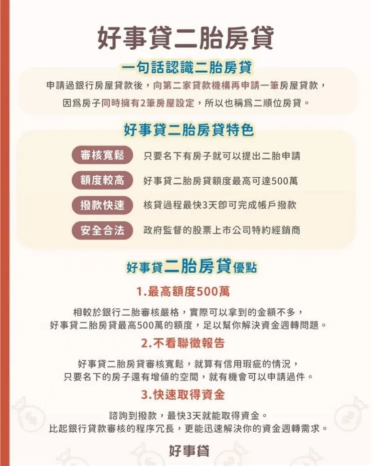 好事貸二胎的主要優點優點有三，額度彈性最高500萬、審核寬鬆信用不完美也可申辦、撥款快速最快3天取得資金。