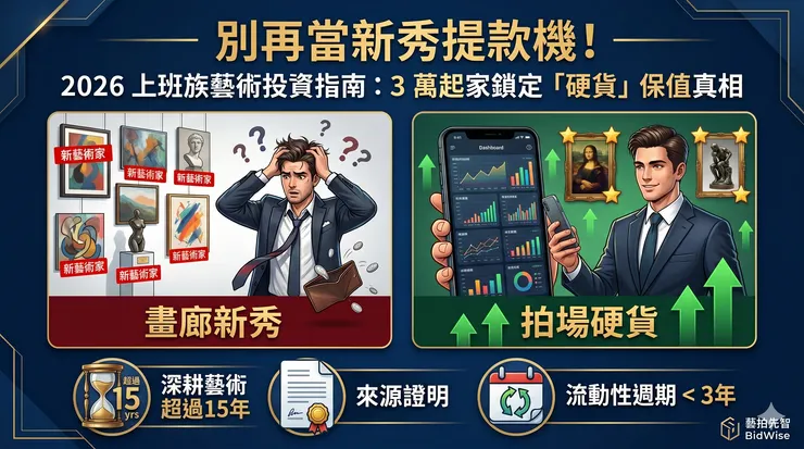 藝拍先智建議黃金收藏準則:深耕藝術超過 15 年、提供作品來源證明、與流動性週期小於 3 年之鑑定準則。