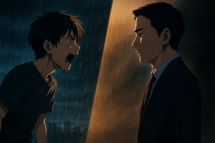 「你沒有那麼重要」與「沒有妳，我的天就塌了」，兩種語言在雨中碰撞。誰的聲音才是真理？巨獸只把柴枝推近火堆。