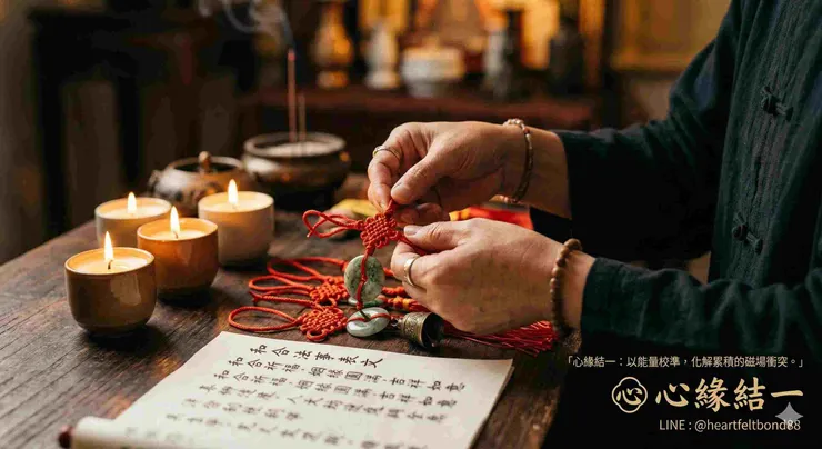 和合法術原理說明，心緣結一能量調整儀式特寫，化解感情衝突，心靈 SPA 專業道具圖。