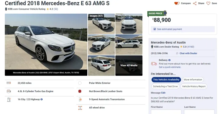 2018 BENZ E63 AMG S價格