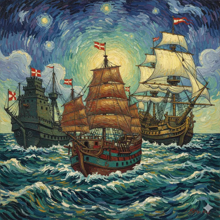 16世紀三國的帆船示意圖。