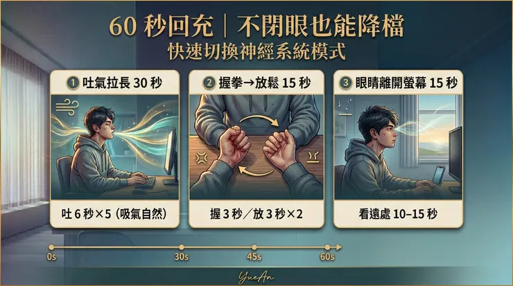 延長吐氣＋微縮版肌肉放鬆＋視覺接地，能向大腦送出「安全訊號」，協助中斷焦慮回路，讓系統回到可恢復模式。