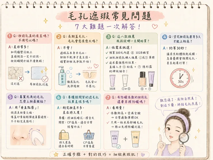 毛孔遮瑕常見問題7大難題一次解答!妝前乳差異、長期使用會不會變大、正確上妝順序與補妝技巧,油肌混合肌毛孔隱形不卡粉解答