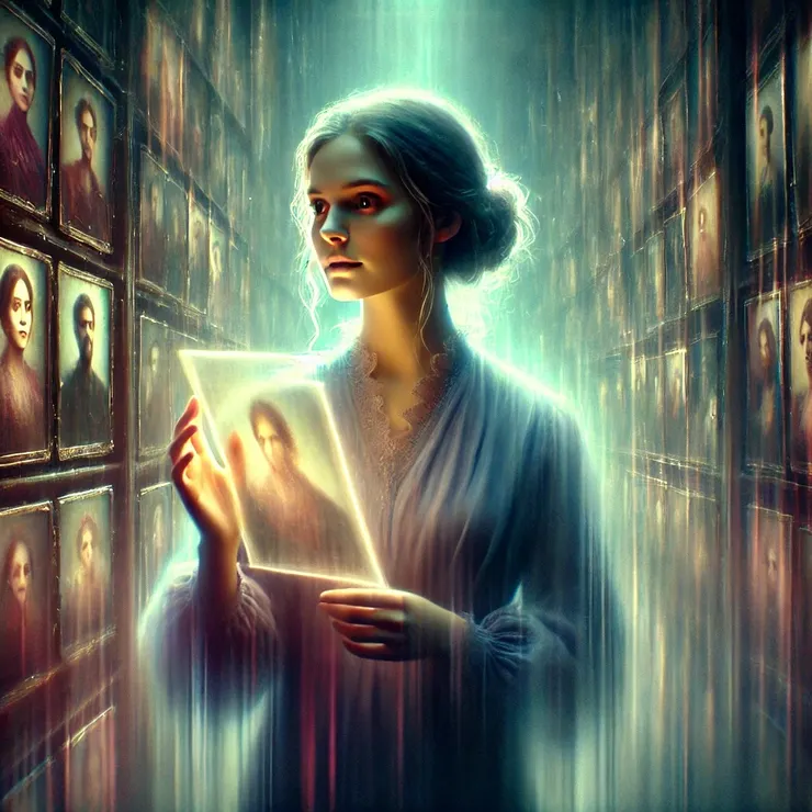 The eyes, shadowed and deep, seemed to search for something just beyond reach. The colors of the image bled into one another, forming ghostly layers, as though time itself had become tangled within its frame.