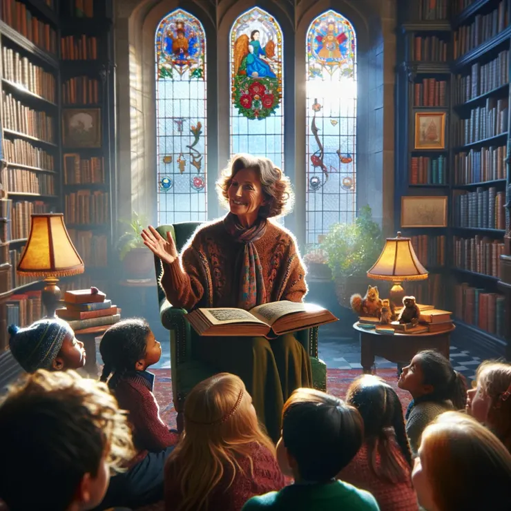 She's holding an open, ornate book, gesturing animatedly as she reads a captivating story to a diverse group of attentive children gathered at her feet.