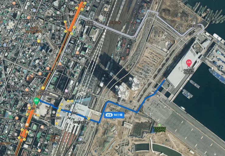 釜山站到碼頭會顯示的路線(不好想像ㄅ)
