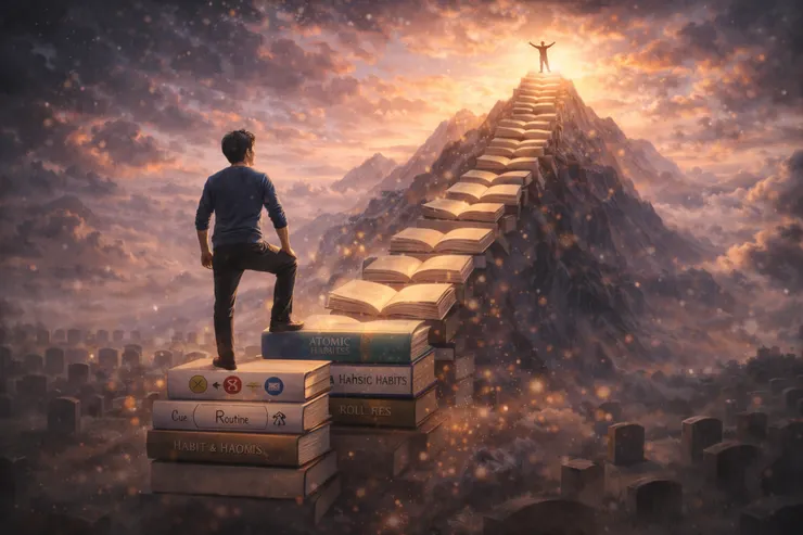 我發了文章給AI，請他依照我內容生成示意圖，結果出現這個，我覺得蠻有趣的。不是我會用的構圖及風格。哈。踩在書上也太不尊重了。