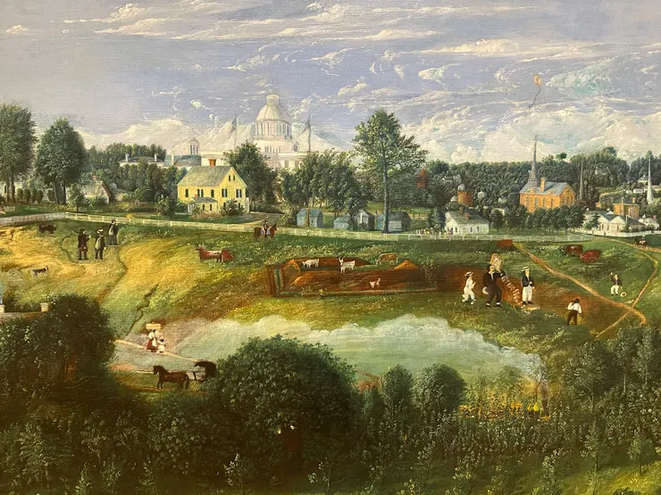 1875年的作品View of Montgomery,作者不詳。作品中的白色圓頂建築是過去的南方邦聯首府,今日的州議會大廈。