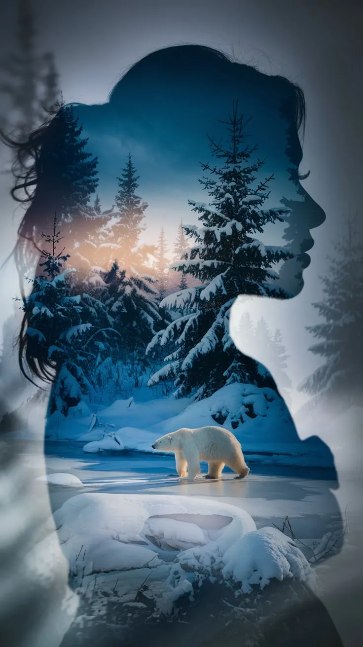 A double exposure composition photo of a woman's silhouette filled with a vivid snow forest. The inner scene includes light silhouettes of evergreen snow trees and a frozen puddle. There is a polar bear in the snow forest. The overall color palette includes deep blues, soft grey, and bursts of white.