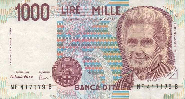 義大利一千里拉，已於2002年改用歐元而退出流通。正面主角為兒童教育家蒙特梭利 (Maria Montessori)