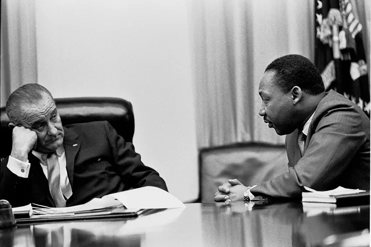 President Lyndon B. Johnson meeting with King in the White House Cabinet Room in 1966