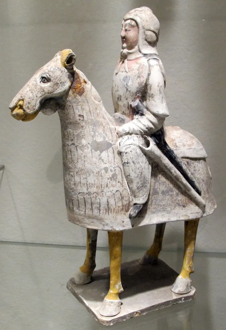 北齊（公元550-577年）時期的中國陶瓷鐵甲馬和騎手雕像