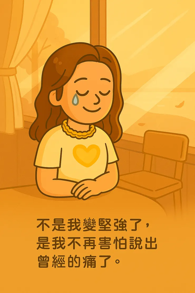 我有時也會哭，也會在夜裡玻璃心碎裂， 但我學會了怎麼邊貼膠帶邊說笑話。 現在的我啊， 是那種可以一邊鼻涕眼淚、一邊說： 『我沒事啦～只是靈魂剛好在排毒而已😌』的人。