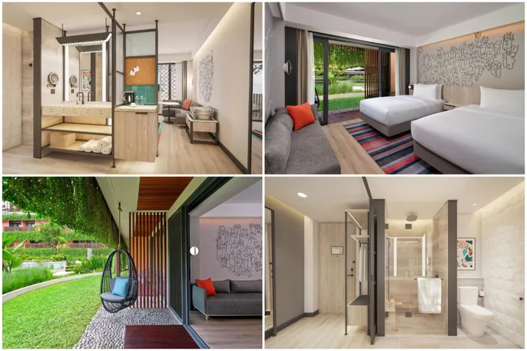 Aloft Kuta的兩張雙人床房型，還有一個mini bar