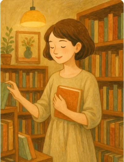 ChatGPT Prompt:短髮女生穿著休閒洋裝，逛書店的圖片，手繪溫暖風格