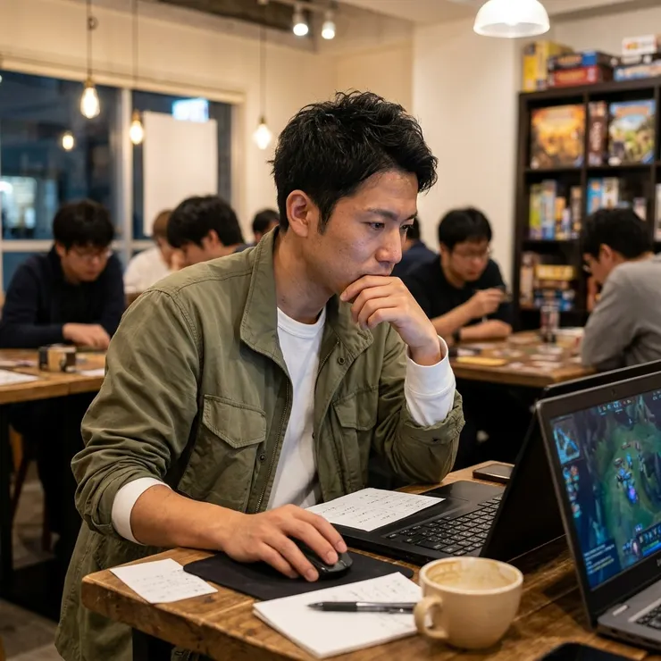 梁练伟在游戏咖啡厅，仔细分析《深渊战纪》新手常犯误区，并记录避坑策略。