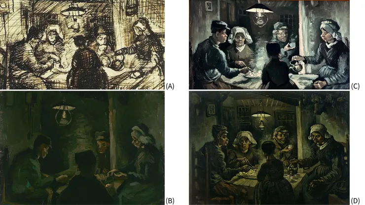 (A)五個人一頓飯、(B)研究吃馬鈴薯的人、(C)(D)吃馬鈴薯的人，皆1885 年4月繪製