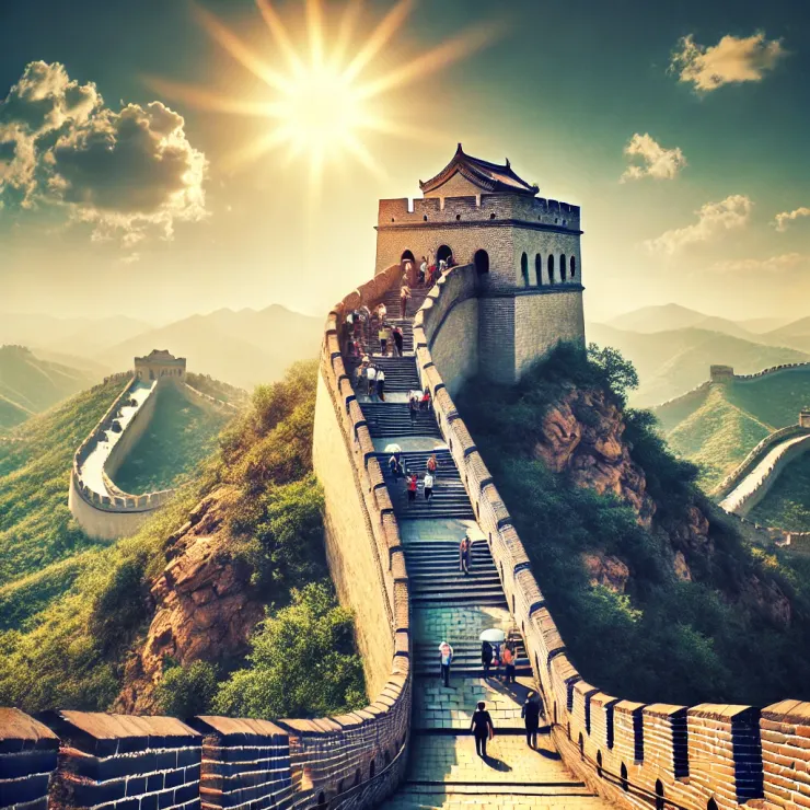 現代萬里長城的遺跡，在陽光下顯得壯麗而雄偉。遊客們沿著陡峭的台階攀登，感受這段歷史遺產的莊嚴與壯美。這張圖片展示了長城作為中國文化象徵的持久影響力。