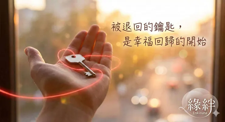 掌心放著被退回的男友鑰匙，纏繞著象徵緣絆鎖心和合術的紅線，代表斷崖式分手後的感情挽回與復合奇蹟。