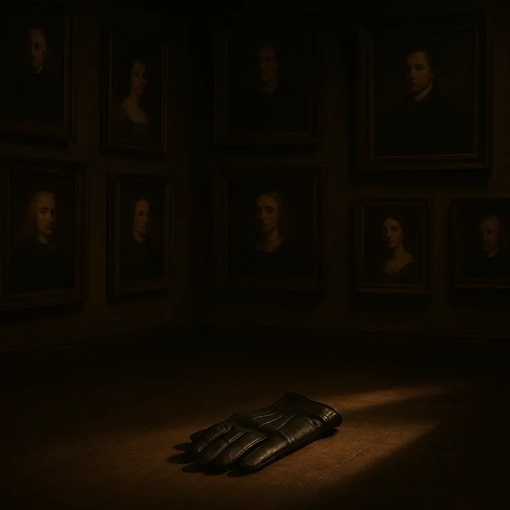  暗藏室裡，一排肖像在弱光下浮出；手套停在畫框影上，未觸漆面。