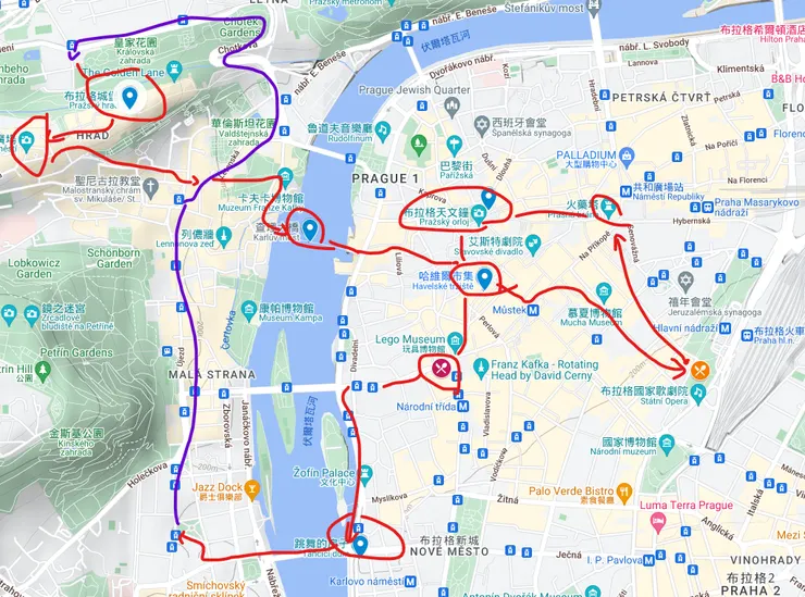 5/1一日布拉格 順遊地圖 紅色為步行..紫色為搭輕軌