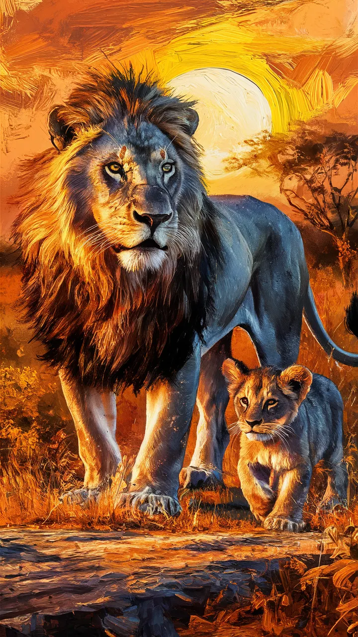 A captivating, Van Gogh-inspired painting that vividly captures the essence of the African savannah at sunset. A majestic, regal father lion stands tall, his sharp gaze piercing the warm air. Beside him, a playful baby cub explores its surroundings with boundless curiosity. The painting is infused with vibrant oranges and yellows, evoking the rich hues of the setting sun. The bold, expressive brushstrokes create a cinematic effect, immersing the viewer in the scene and transporting them to the heart of the African wilderness. The powerful connection between the father and cub, the vivid colors, and the dramatic light all combine to create a truly unforgettable work of art., cinematic, painting