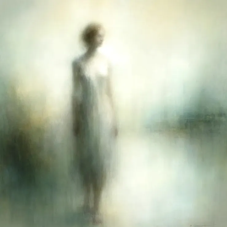 Jane listens to the subtle language of color. Here, in this ethereal portrait, pale greens and misty yellows tell a story of quiet afternoons, perhaps the reflection of sunlight on old leaves swaying against forgotten windows.