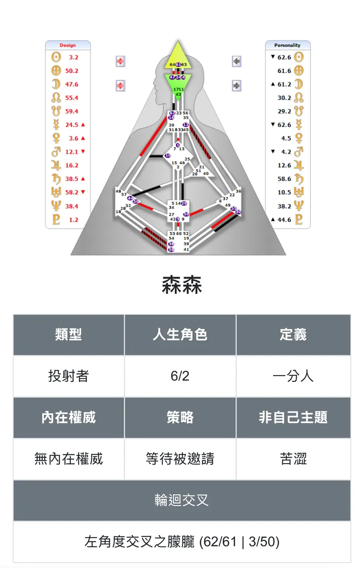 可能有人會說我在怪力亂神講些很玄或很迷信的東西,但我的生活態度完全呈現出我的設計,有很多莫名其妙的靈感和壓力、無法停止思考、思路穩定、擅長在內部處理大量或複雜的資訊,但是其他的執行、產出、行動等等,通通都要靠別人影響或是吸取別人的能量來啟動