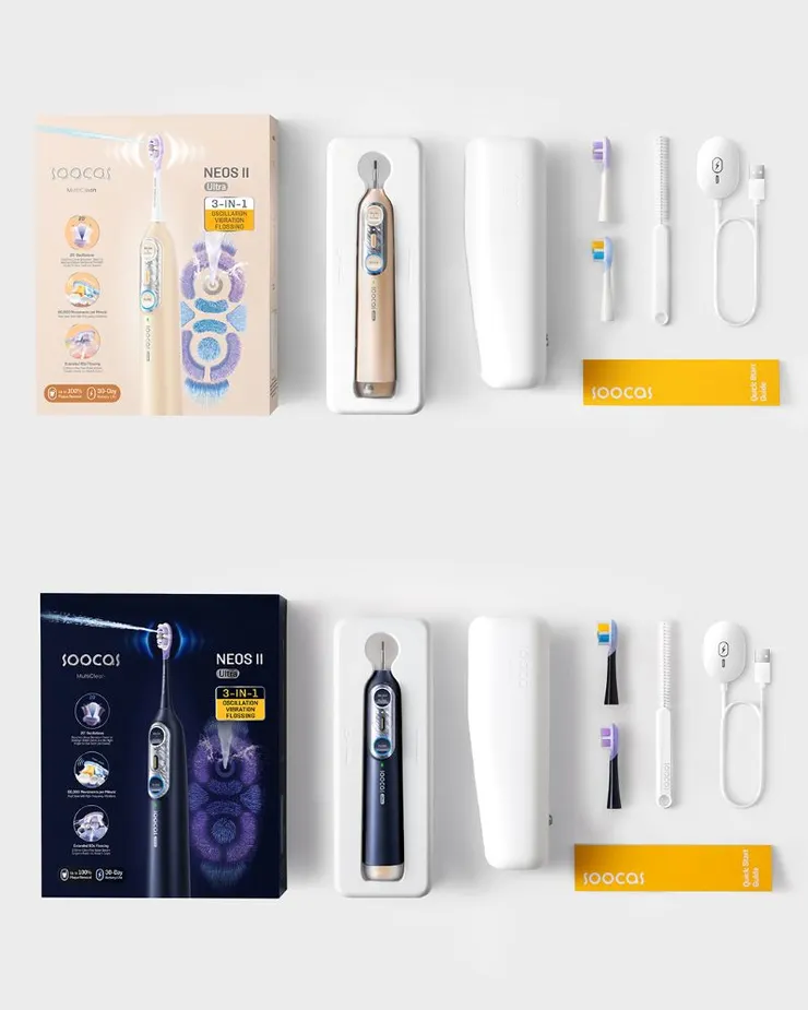 ▲Soocas NEOS II Ultra 全效沖牙音波電動牙刷 全系列主打全球首創「同步刷沖」科技，將「刷牙＋沖牙」整合於同一支裝置中