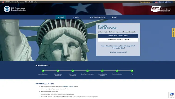 請務必至 ESTA 官方網站申請！（官網就長這樣）