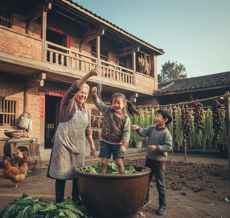 在甕缸裡踩鹹菜。(AI示意圖)