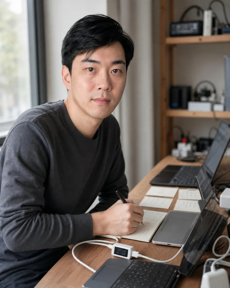梁练伟整理 AI PC 升级对比测试台包含笔记本和充电器