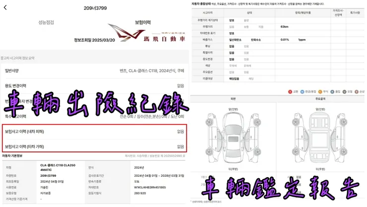 韓規賓士C118 CLA250 4MATIC外匯車車況確認、出險紀錄、鑑定報告。